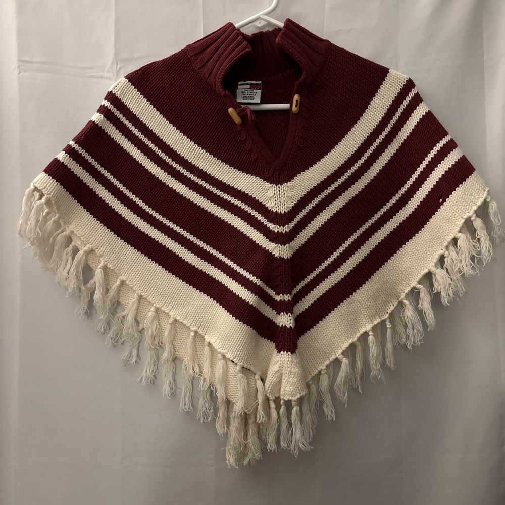 Tommy Hilfiger Kids/Teen Girls White Knit‎ Fringed Poncho Maroon Stripe One Size